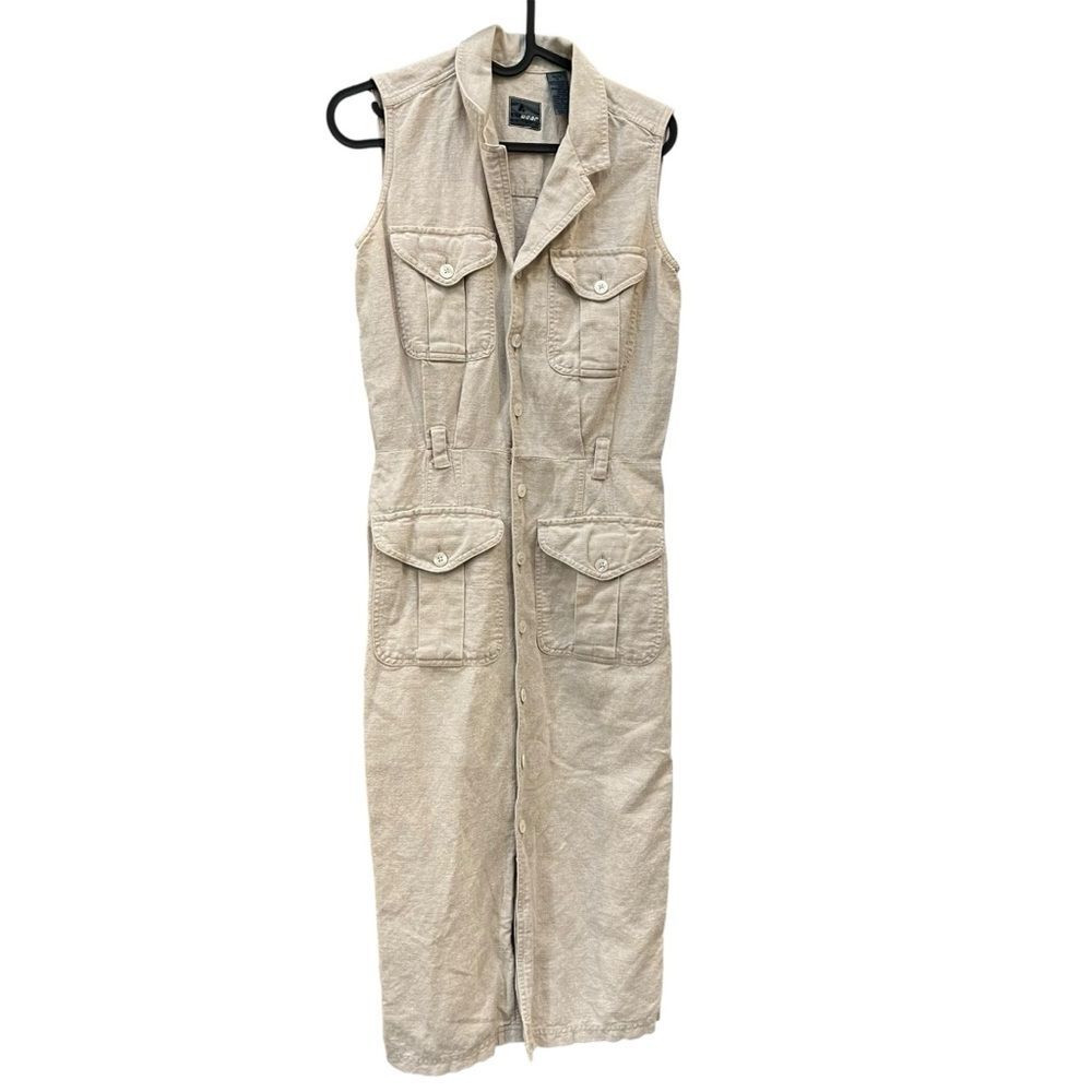 LizWear Petite 4 Sleeveless Midi Dress w/ Notched Collar Linen Cotton blend EUC